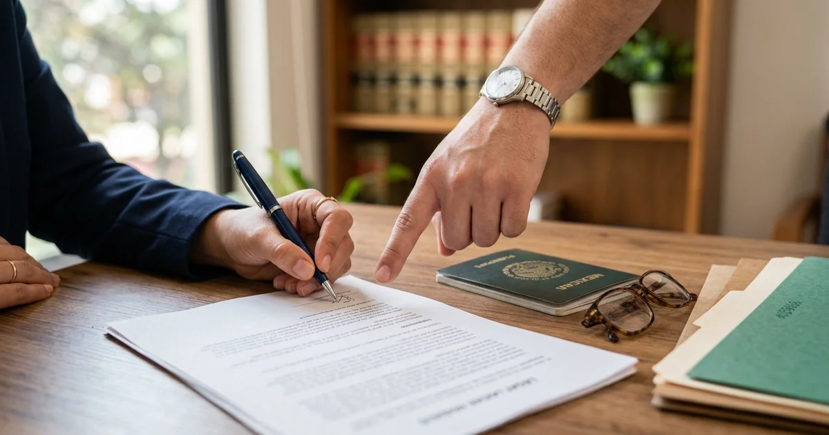Persona firmando una carta poder notarial ante notario
